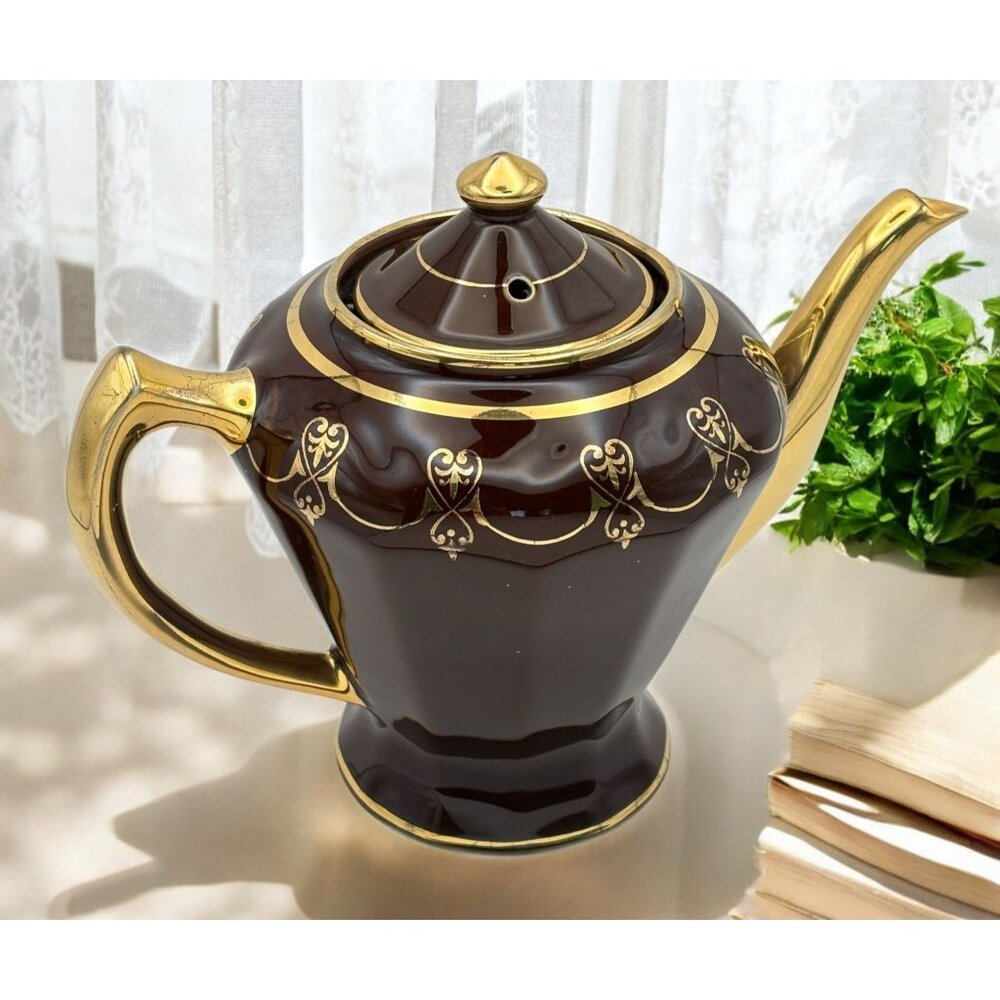 Vintage Art Deco Teapot Fraunfelter Brown with Gold Trim Ornate Design